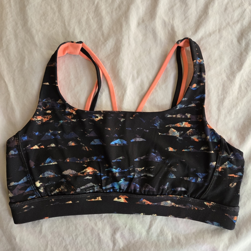 Forever 21 Black and Orange Blue Multicolor Abstract Strappy Sports Bra EB2